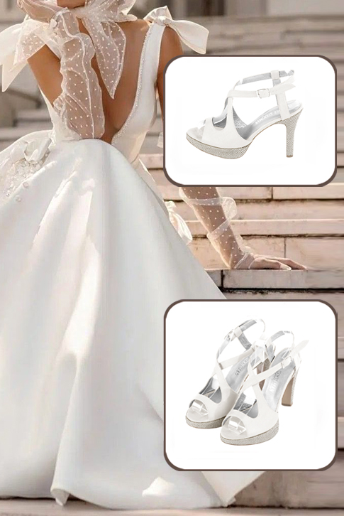 Women's pure white elegant cross straps sandals. Round toe. High slim heel with a platform at the front - Worn view